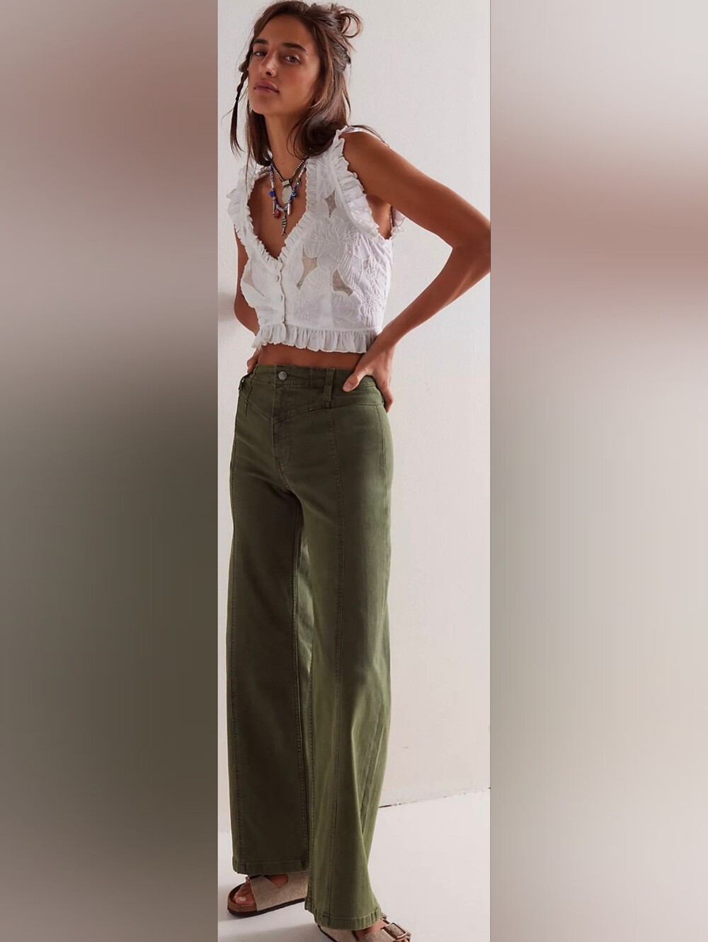 NWOT Sz 27 We The Free Olive Green Libre High-Rise Wide-Leg Jeans